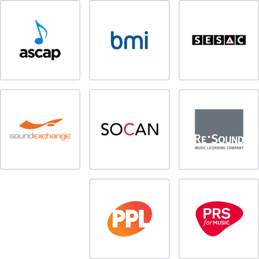 Our licensing providers (ASCAP, BMI, SESAC, SoundExchance, SOCAN, Re:Sound, PPL, PRS Music)