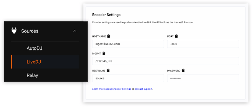 A screenshot of LiveDJ encoder settings in the dashboard