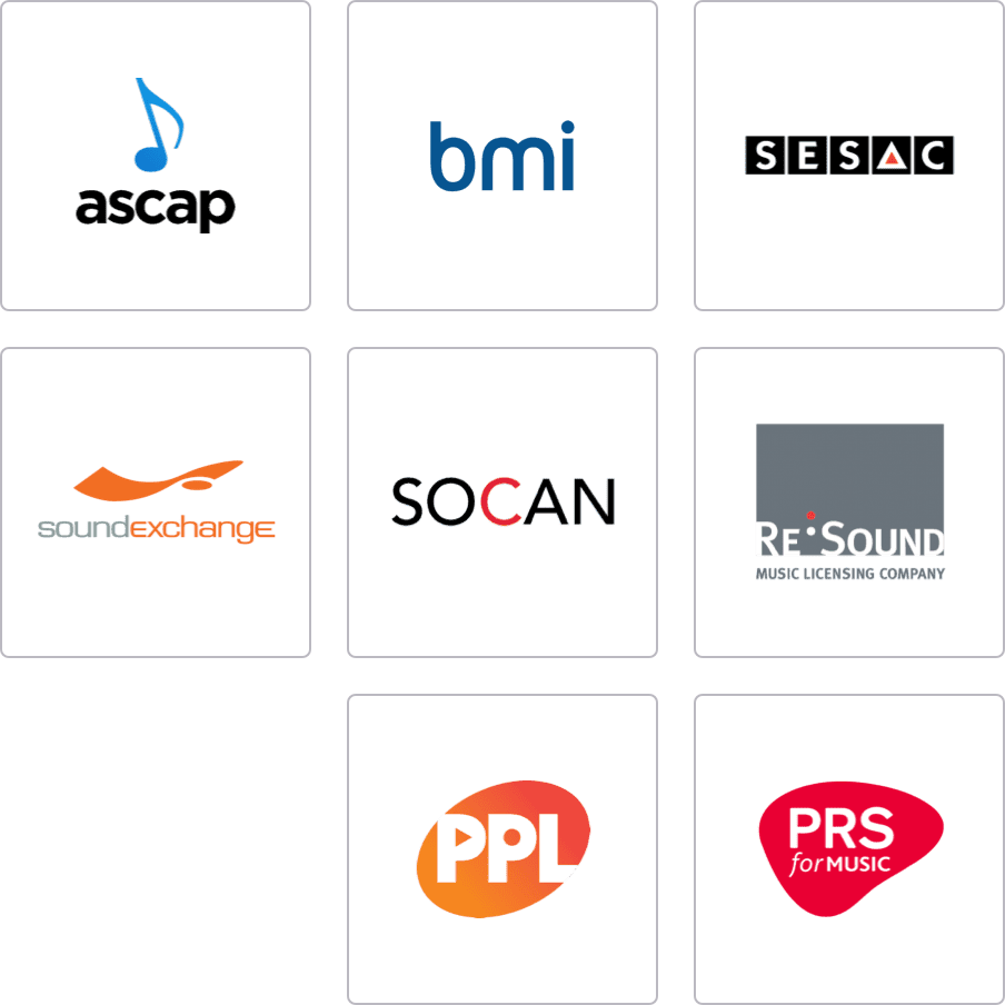Our licensing providers (ASCAP, BMI, SESAC, SoundExchance, SOCAN, Re:Sound, PPL, PRS Music)