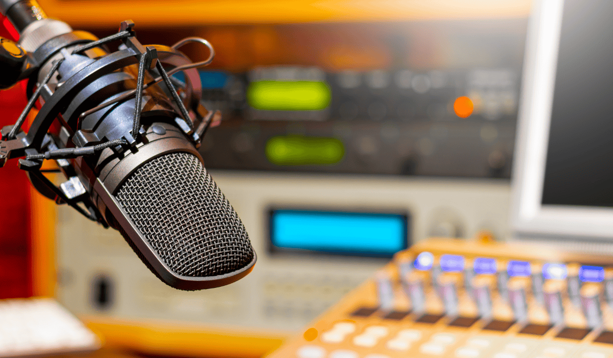 a close up of a radio microphone in a recording studio