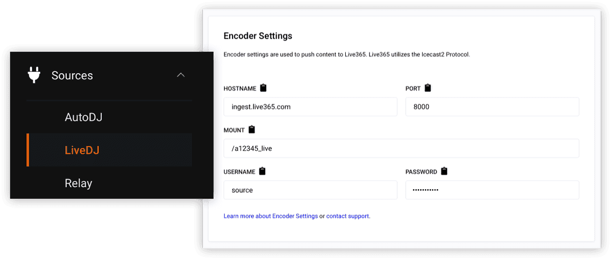 A screenshot of LiveDJ encoder settings in the dashboard